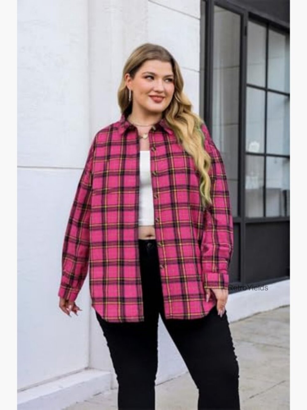 Plus Size Lightweight Flannel Button Down Shirt Blouses Casual Boyfriend Shacket - Picture 2 of 7